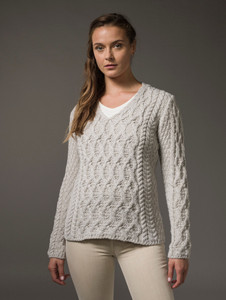 Lattice Cable V Neck Sweater - Silver