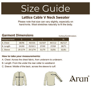 Lattice Cable V Neck Sweater - Size Guide