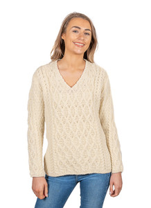 Lattice Cable V Neck Sweater - Natural White