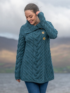 Ladies Super Soft Long Cable Knit Aran Cardigan  - Irish Sea