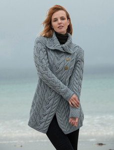Ladies Super Soft Long Cable Knit Aran Cardigan  - Ocean Grey