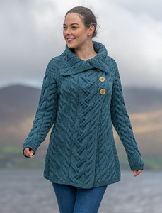 Ladies Super Soft Long Cable Knit Aran Cardigan  - Irish Sea - Back
