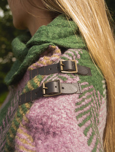 Shawl Collar Poncho with Leather Buckle Detail -  Multi Loden