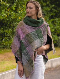 Shawl Collar Poncho with Leather Buckle Detail -  Multi Loden