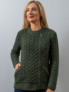 Merino Wool Side Zip Aran Cardigan - Army Green