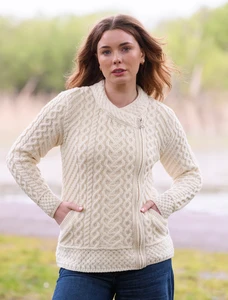Merino Wool Side Zip Aran Cardigan - Natural White
