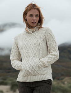 Ladies Drawstring Super Soft Sweater With Pouch Pocket - Natural White