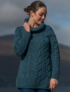 Luxury Chunky Cable Cowl Neck Aran Sweater - Irish Sea