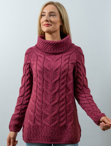 Luxury Chunky Cable Cowl Neck Aran Sweater - Jam