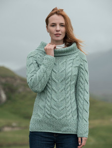 Luxury Chunky Cable Cowl Neck Aran Sweater - Seafoam Green