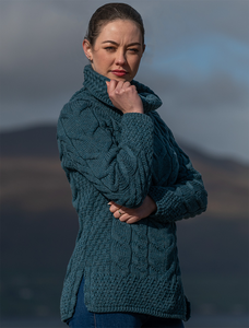 Luxury Chunky Cable Cowl Neck Aran Sweater - Irish Sea