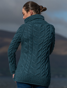 Luxury Chunky Cable Cowl Neck Aran Sweater - Irish Sea