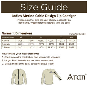Ladies Merino Cable Design Zip Coatigan - Size Guide