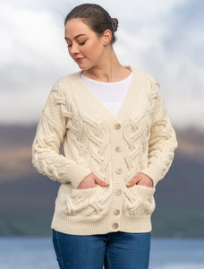 Super Soft V- Neck Chunky Cable Knit Cardigan - Classic Aran