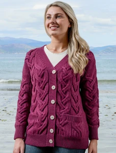Super Soft V- Neck Chunky Cable Knit Cardigan - Jam