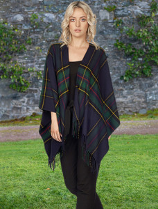 Irish Fringed Shawl - Green & Navy Plaid