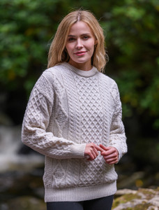 Cable Knit Crew Neck Aran Wool Sweater -  Natural White