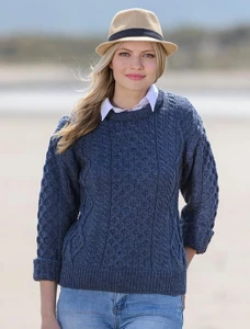 Cable Knit Crew Neck Aran Wool Sweater - color: Caspian