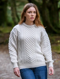 Cable Knit Crew Neck Aran Wool Sweater -  Natural White