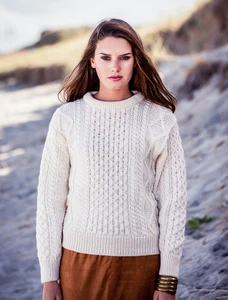 Cable Knit Crew Neck Aran Wool Sweater -  Natural White