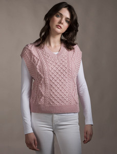 Ladies Cropped V-Neck Aran Sweater Vest - Pale Pink