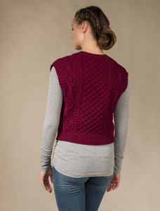 Ladies Cropped V-Neck Aran Sweater Vest - Claret