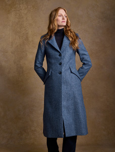 Fran Full Length Tweed Coat - Light Blue Herringbone