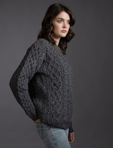 Women's Oversized Wool Cashmere Aran Sweater - Navy Marl