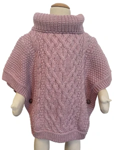 Kid's Aran Roll Neck Poncho - Dusty Pink