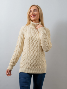 Aran Polo Neck Cable Sweater - White