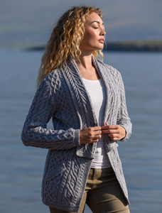 Aran Shawl Collar Neck Cardigan - Soft Grey