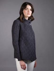 Women's Two Button Aran Cardigan - Navy Marl