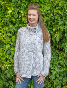 Women's Two Button Aran Cardigan - Silver Marl