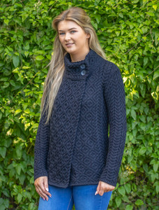 Women's Two Button Aran Cardigan - Navy