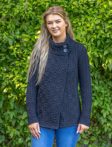 Women's Two Button Aran Cardigan - Navy