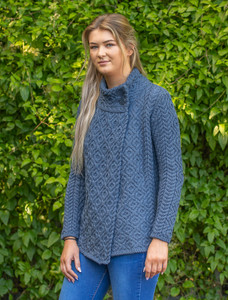 Women's Two Button Aran Cardigan - Blue Marl