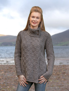Women's Two Button Aran Cardigan - Steel Marl
