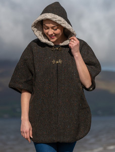 Ladies Tweed Cape with Aran Collar- Army Green