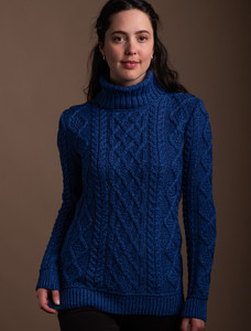 Aran Polo Neck Cable Sweater - Blue Marl