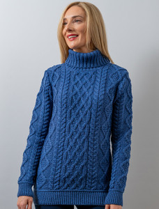 Aran Polo Neck Cable Sweater - Blue Marl