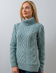 Aran Polo Neck Cable Sweater - Mermaid