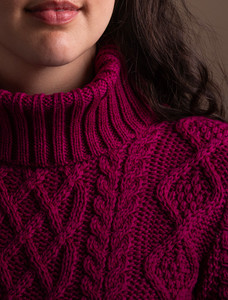 Aran Polo Neck Cable Sweater - Raspberry