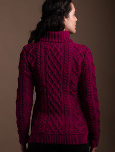 Aran Polo Neck Cable Sweater - Raspberry