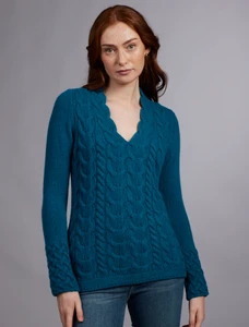 Wool Cashmere Cable V-Neck Sweater - Teal Harbour
