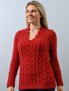 Wool Cashmere Cable V-Neck Sweater - Red Earth