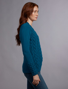 Wool Cashmere Cable V-Neck Sweater - Teal Harbour