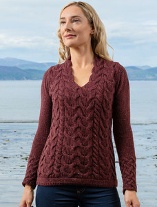 Wool Cashmere Cable V-Neck Sweater - Rich Burgundy