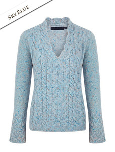 Wool Cashmere Cable V-Neck Sweater - Sky Blue
