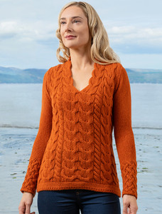 Wool Cashmere Cable V-Neck Sweater - Terracotta
