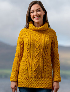 Aran Cowl Neck Tunic Sweater - Sunflower Yellow